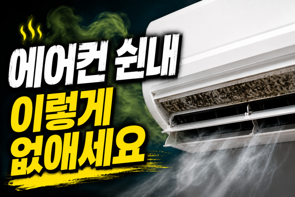 곰팡이와 오염이 쌓인 벽걸이 에어컨에서 퀴퀴한 냄새가 퍼지는 모습