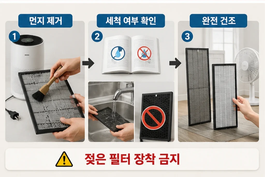 공기청정기 필터의 먼지를 제거하고 세척 여부를 확인한 뒤 완전히 건조하는 순서