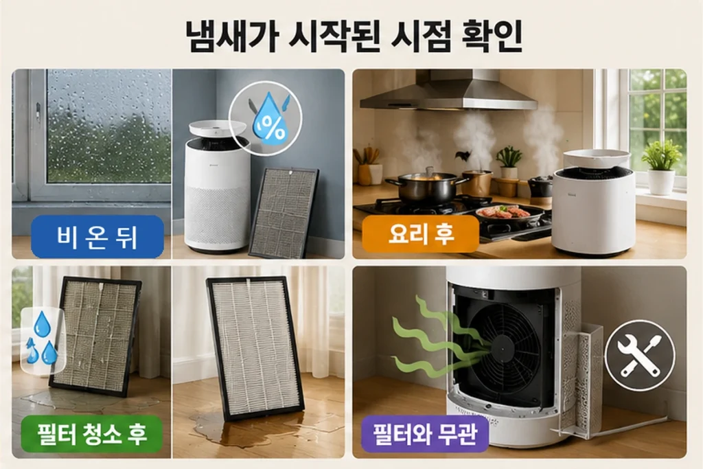 비 온 뒤와 요리 후 등 공기청정기 냄새가 시작된 시점별 원인 구분