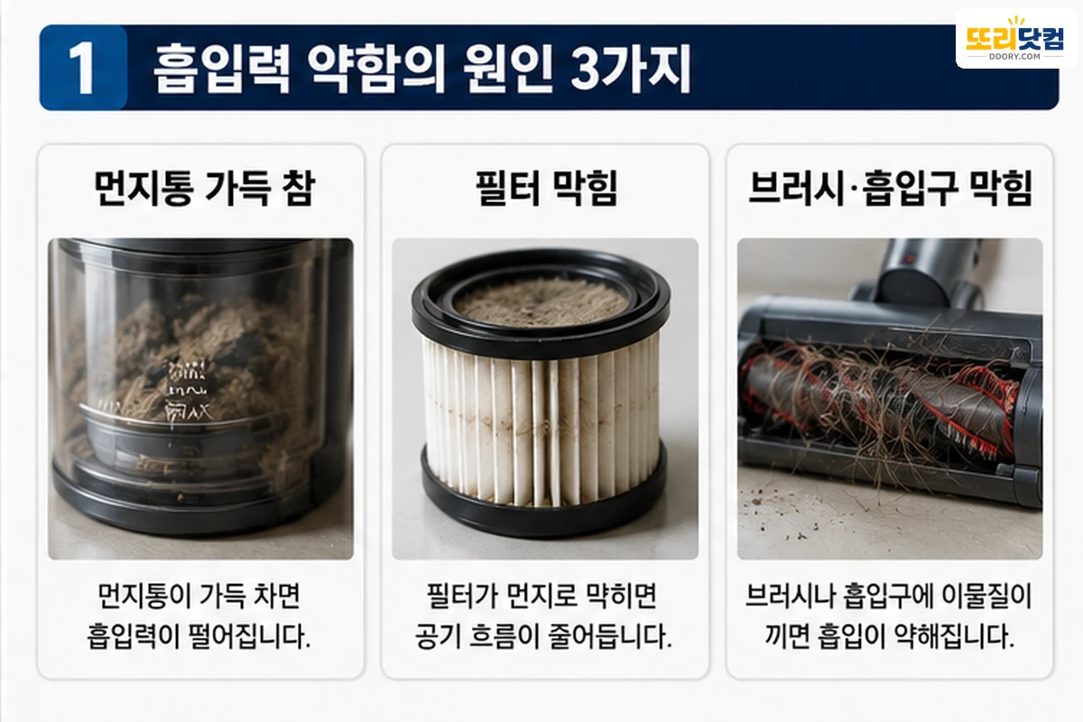 무선청소기 흡입력 약함 먼지통 필터 브러시 흡입구 막힘 주요 원인