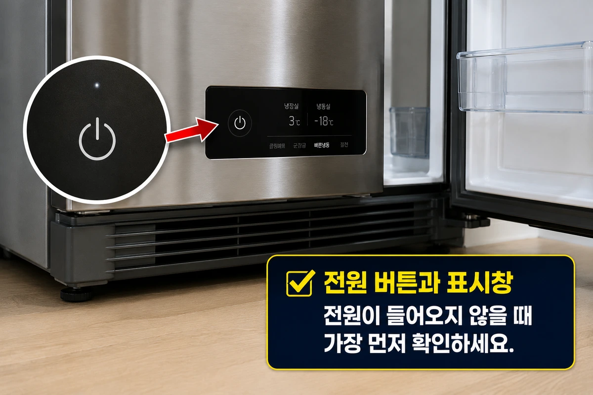 냉장고 전원 안 켜짐 증상에서 전원 버튼과 표시창을 확인하는 모습