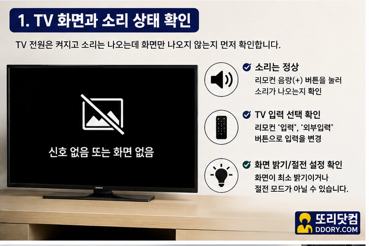 TV 소리만 나오고 화면 안 나옴 TV 자체 메뉴와 화면 상태 확인