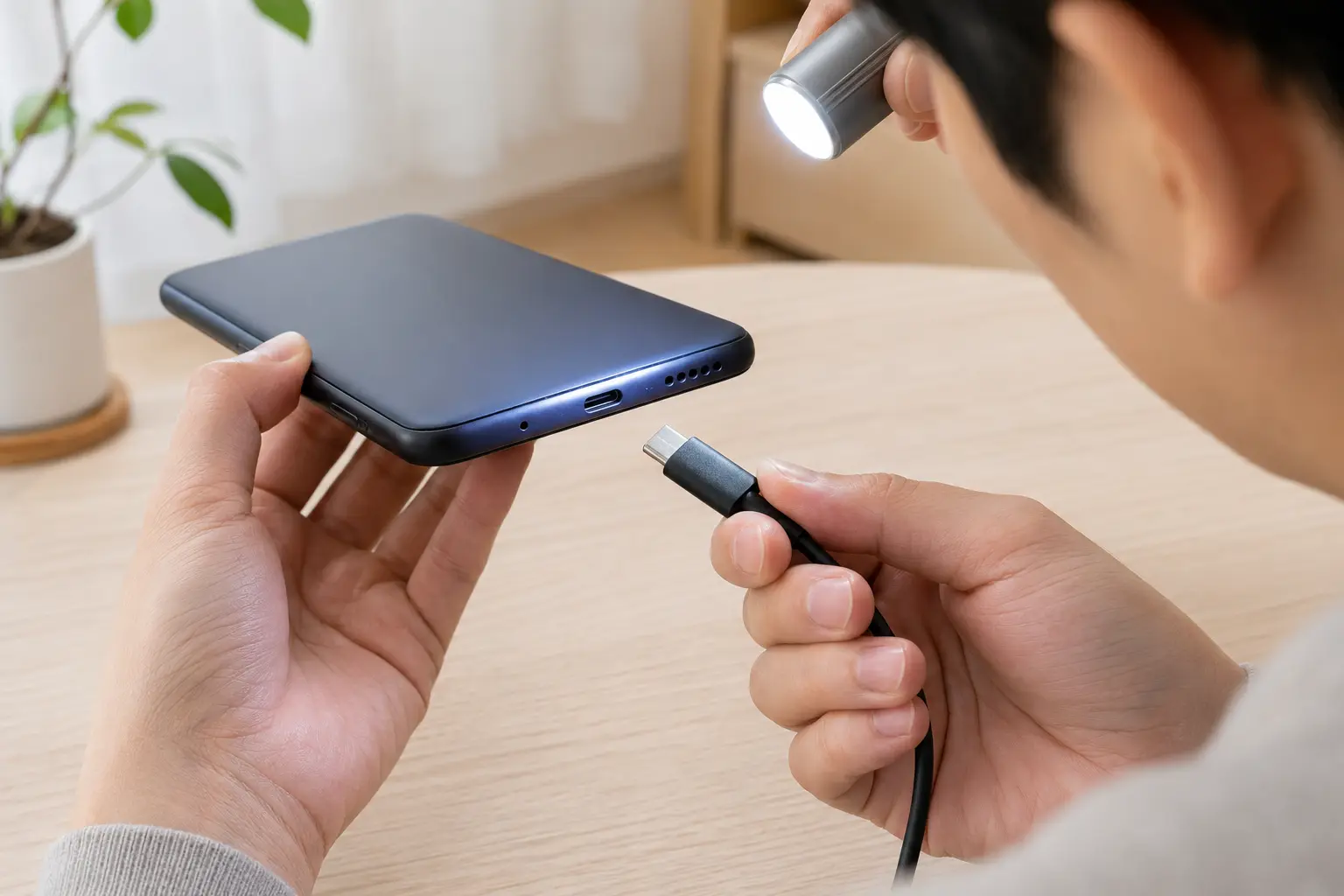 갤럭시 충전 포트와 USB-C 케이블 끝을 조명으로 함께 살펴보는 모습