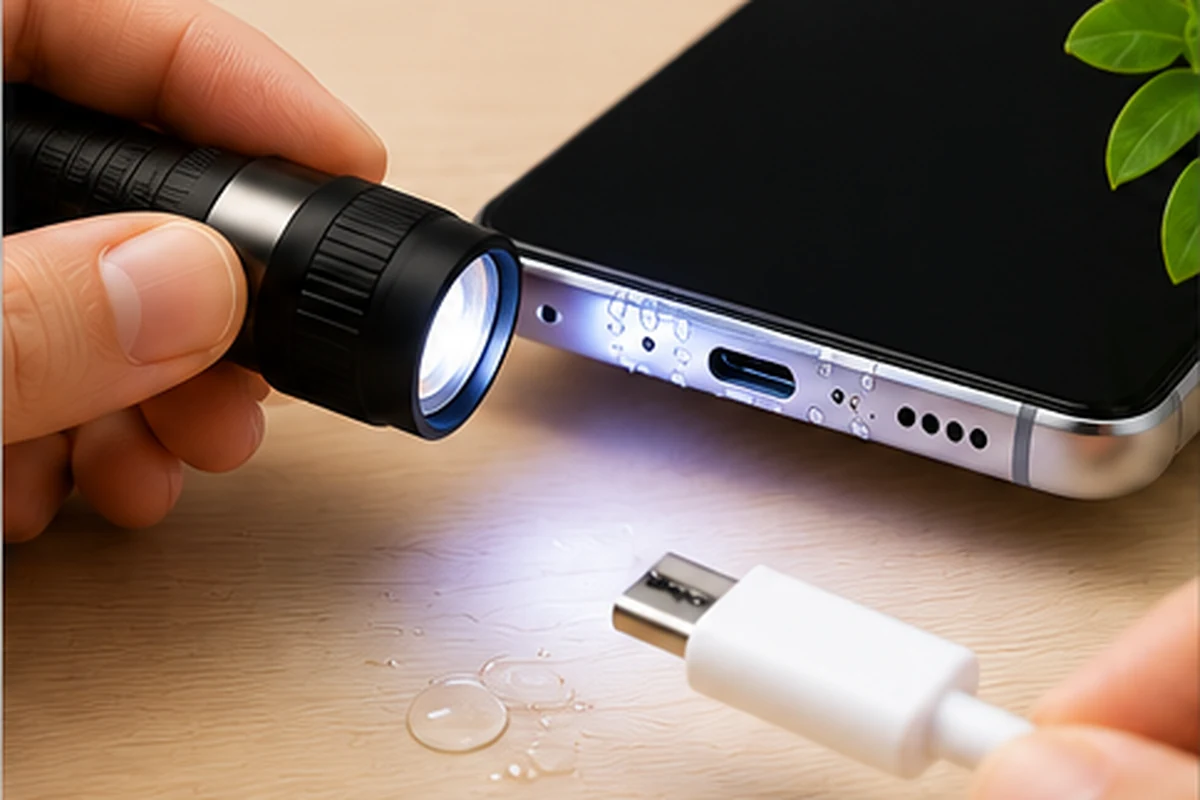조명을 이용해 갤럭시 충전 포트와 USB-C 케이블 끝을 함께 확인하는 모습