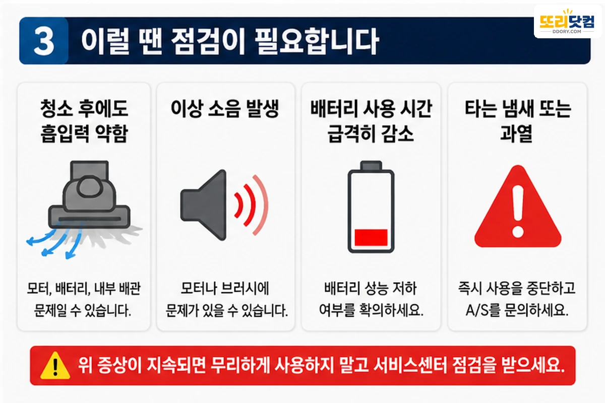 무선청소기 청소 후에도 흡입력 약함 이상 소음 배터리 과열 서비스 점검 신호