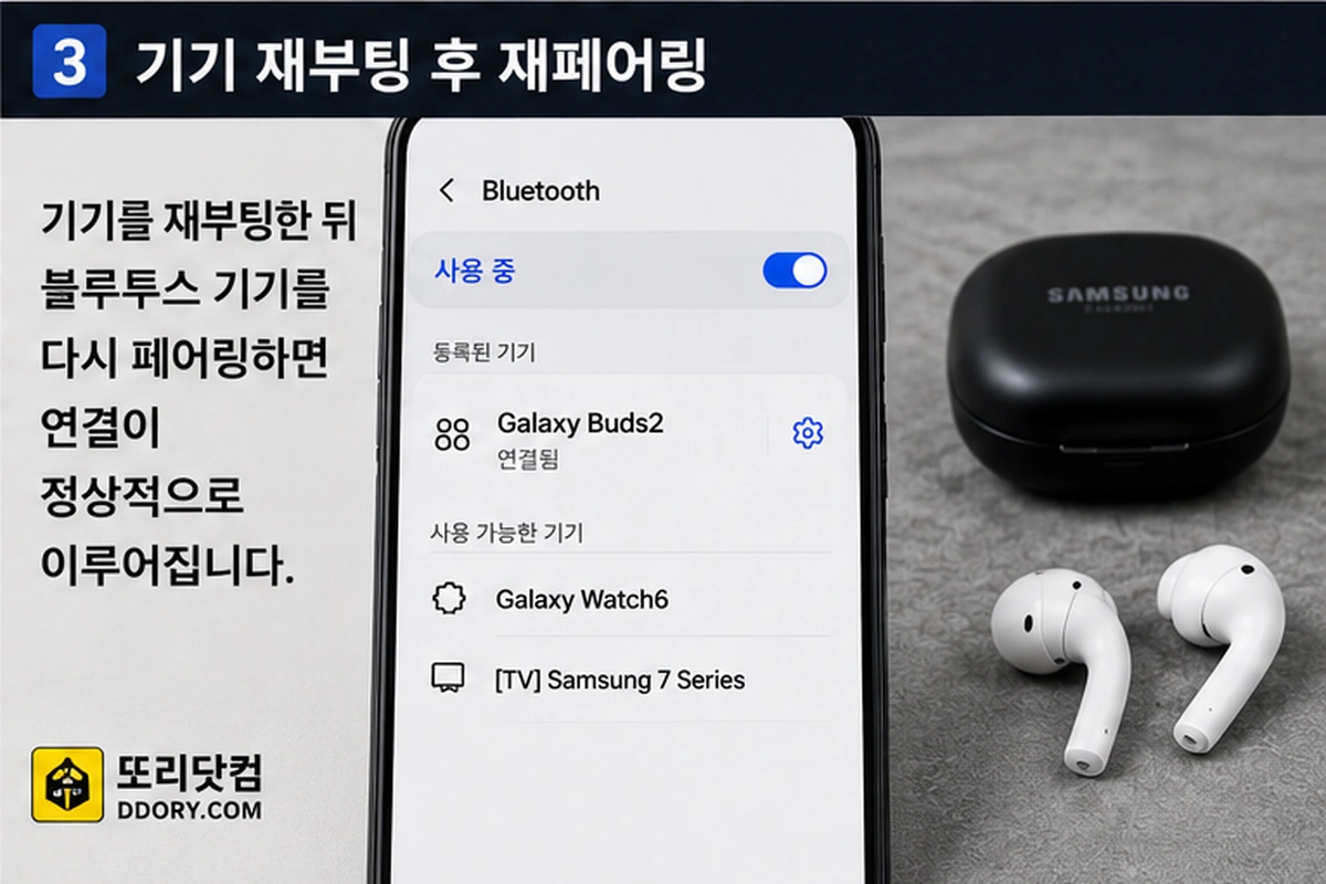 갤럭시와 블루투스 기기를 재시작한 뒤 다시 페어링하는 모습
