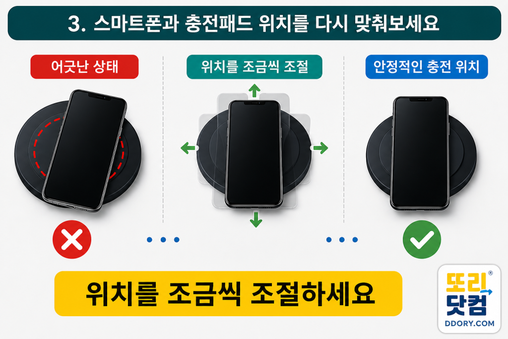 스마트폰을 무선충전패드 위에서 조금씩 움직이며 안정적인 충전 위치를 확인하는 도식