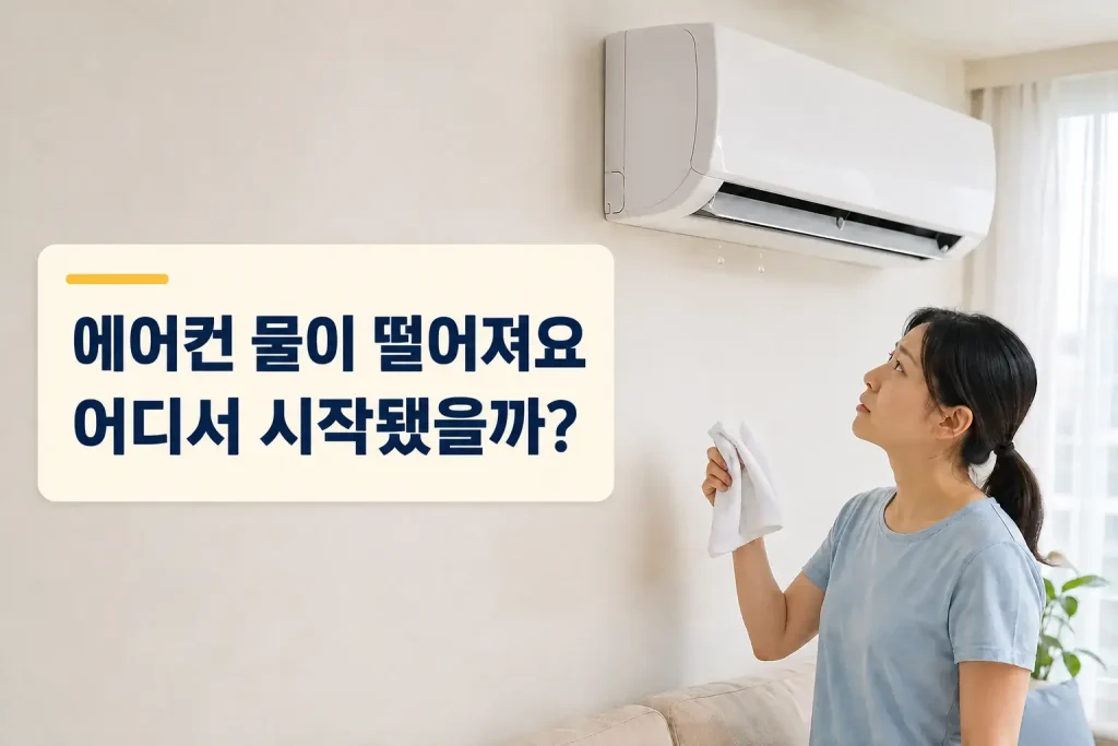 벽걸이 에어컨에서 떨어지는 물을 확인하는 모습