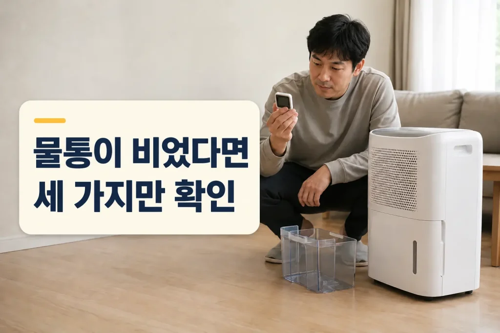 제습기 물통이 비어 있는 원인을 확인하는 모습