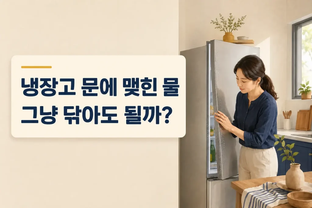 냉장고 문에 맺힌 물방울을 확인하는 모습