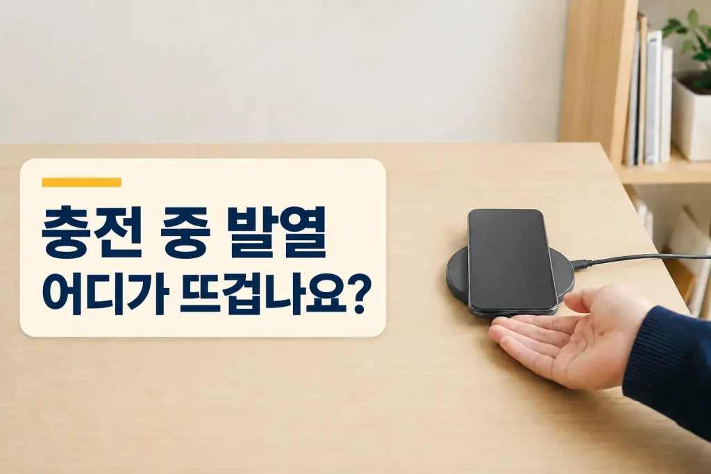 무선 충전 중 휴대폰 발열 위치를 확인하는 모습