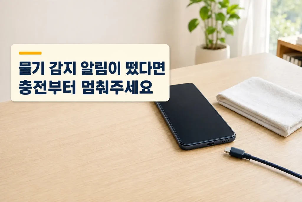 휴대폰 물기 감지 알림 뒤 충전을 멈춘 모습