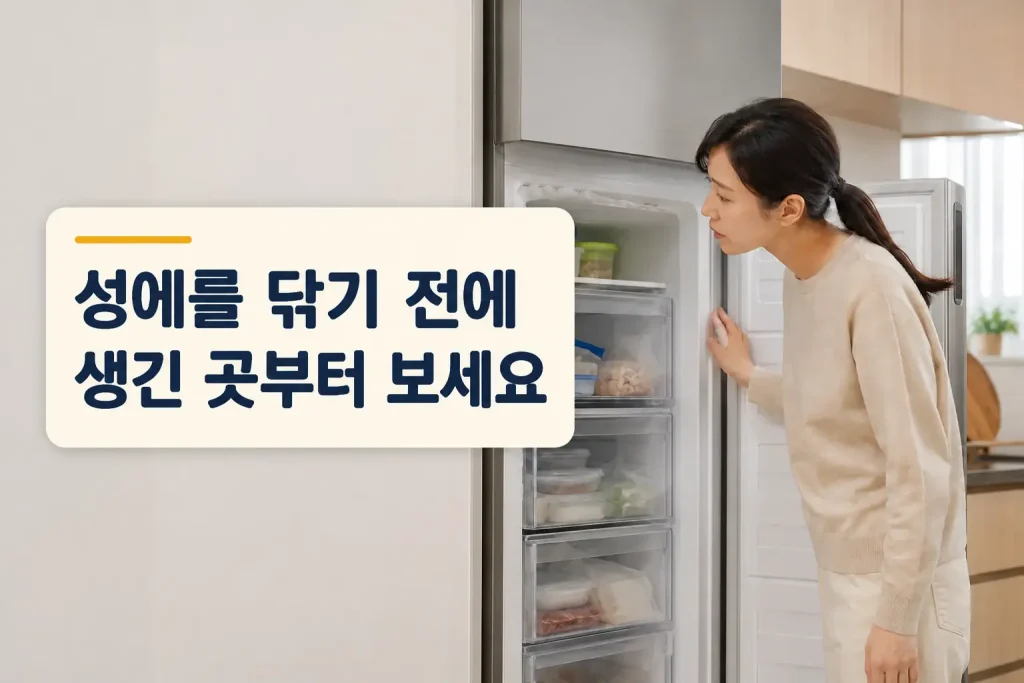 냉동실 성에가 생긴 위치를 확인하는 모습