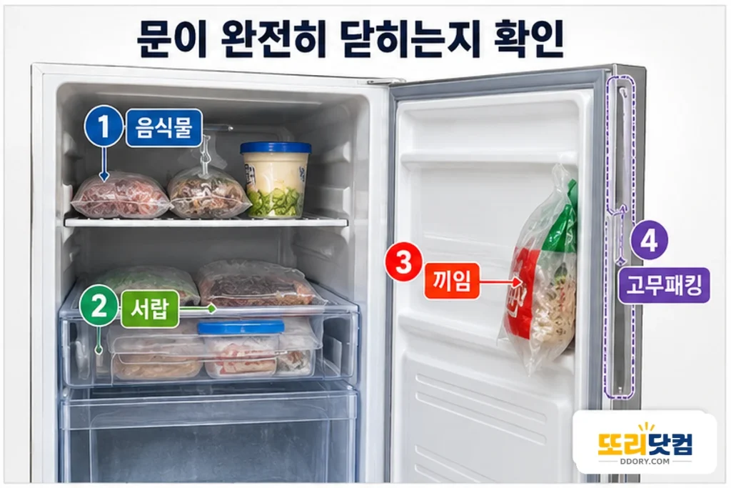 냉동실 음식물과 서랍 고무패킹 때문에 문이 덜 닫히는지 확인하는 도식