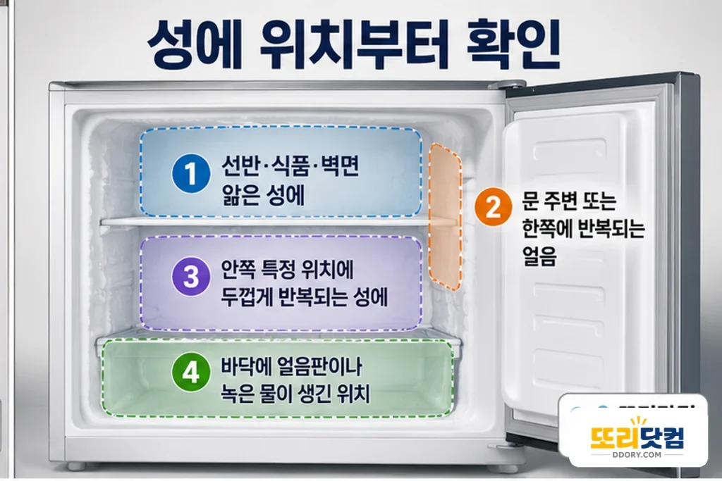 냉동실 성에가 생긴 위치에 따라 확인할 부분을 구분한 도식