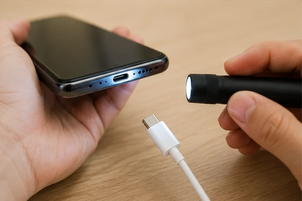 손전등으로 갤럭시 충전 단자와 USB-C 케이블을 확인하는 모습
