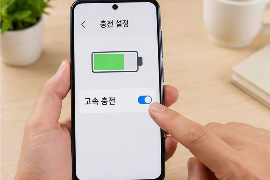 갤럭시 배터리 설정에서 고속 충전 기능을 확인하는 화면