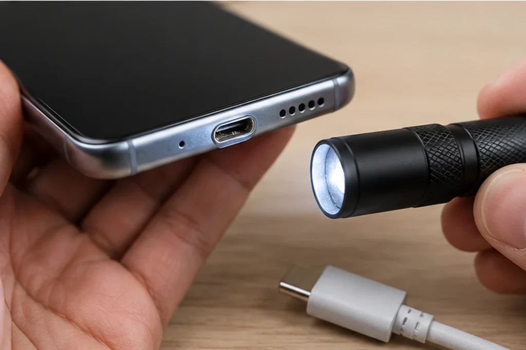 손전등으로 갤럭시 USB-C 충전 단자의 물기와 이물질을 확인하는 모습