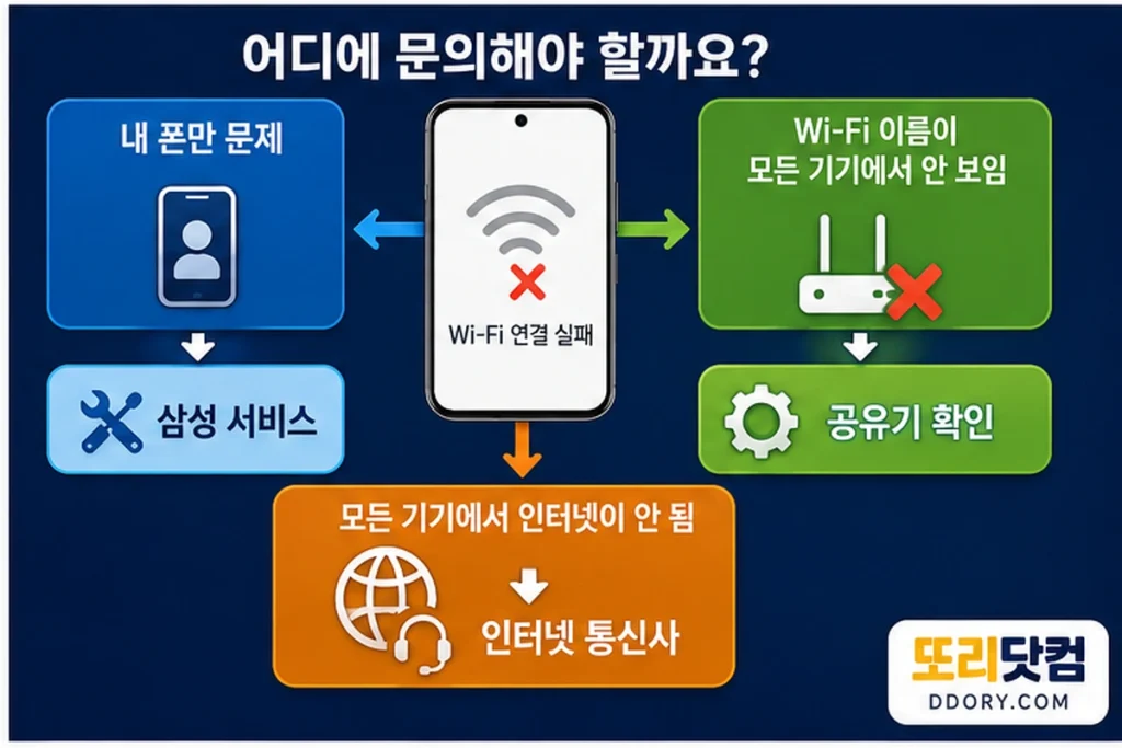 휴대폰 서비스 점검과 공유기 및 인터넷 통신사 문의 대상을 구분하는 도식