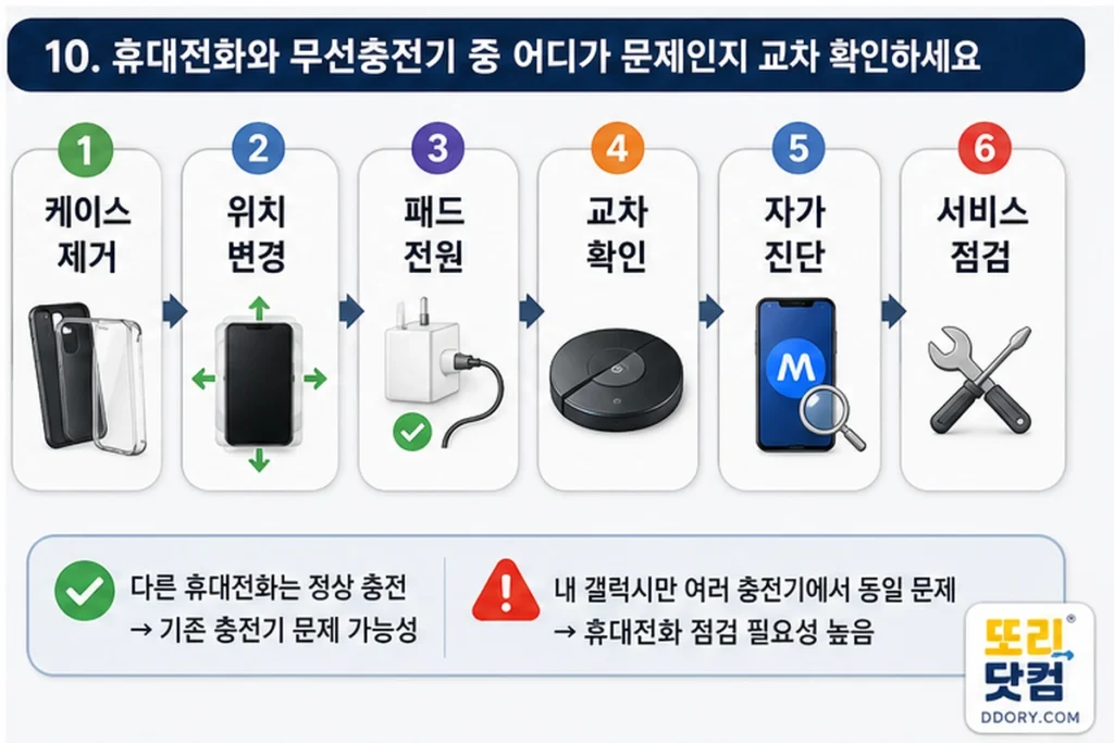 케이스 제거와 위치 조정부터 다른 무선충전기 교차 테스트와 자가 진단까지 확인하는 순서