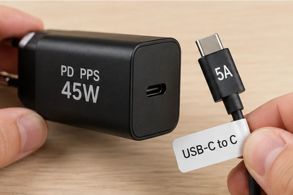 PD PPS 45W 충전기와 USB-C to C 5A 케이블 규격 확인