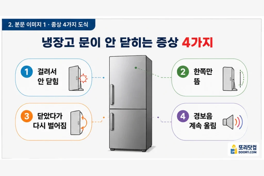 냉장고 문이 잘 안 닫힘, 냉장고 문이 걸려서 안 닫힘 한쪽 들뜸 다시 벌어짐 경보음 증상 구분