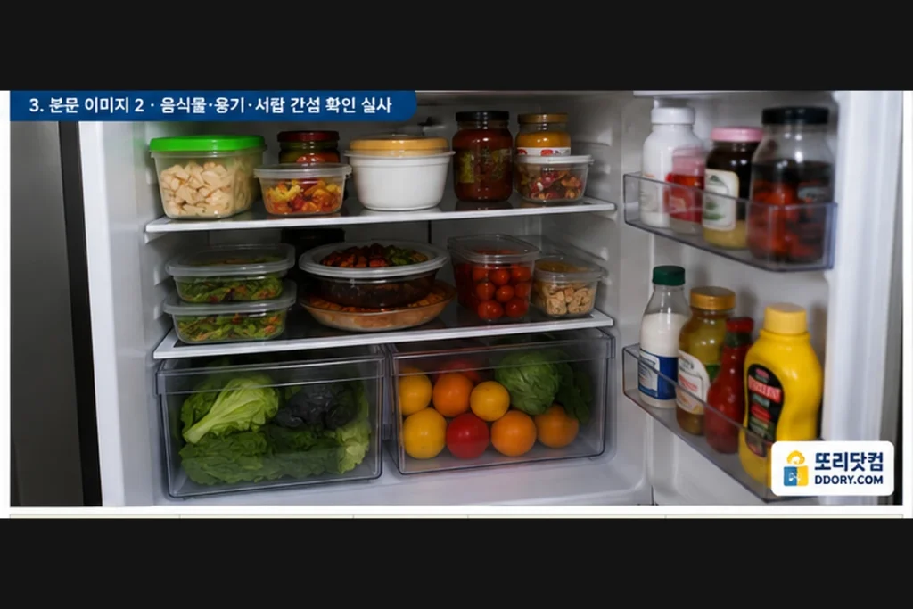냉장고 문 안 닫힘 원인이 되는 음식물 용기와 서랍 위치를 확인하는 냉장고 내부