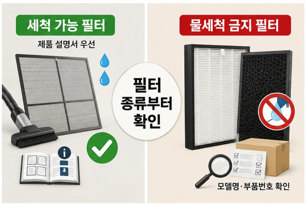 세척 가능한 공기청정기 극세필터와 물세척 금지 집진 탈취필터 비교