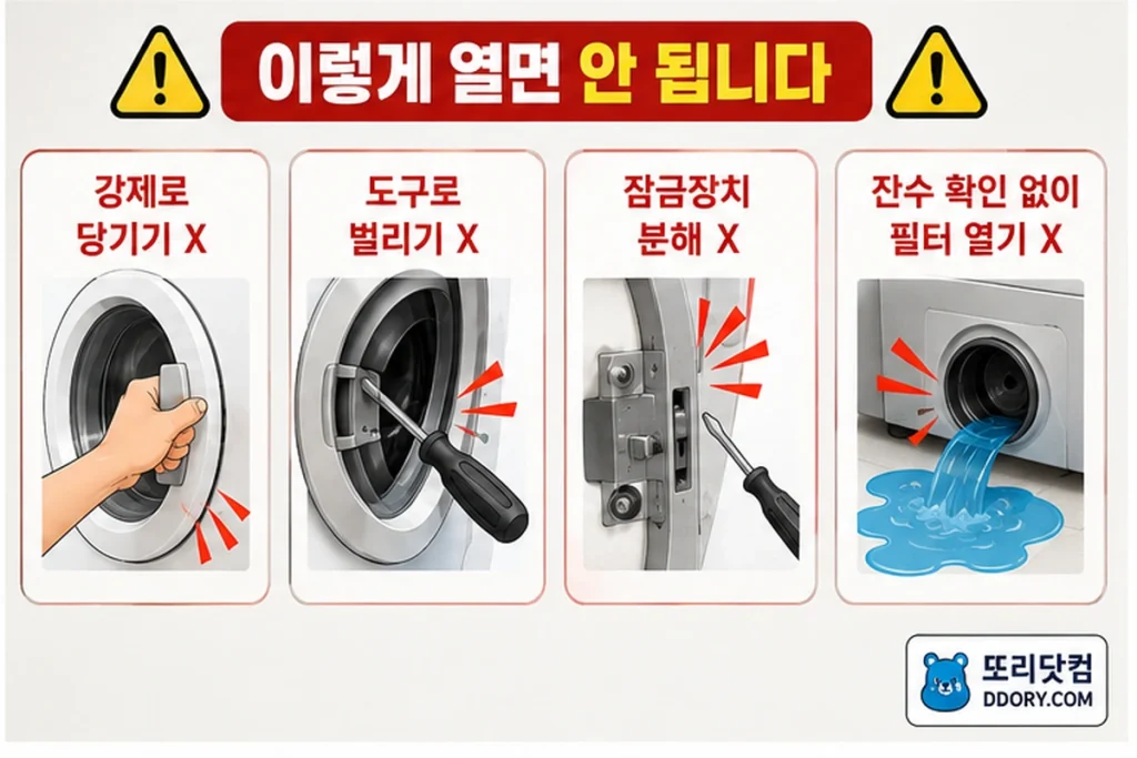 드럼세탁기 문이 열리지 않을 때 강제로 당기거나 도어락을 분해하면 안 되는 행동을 설명한 이미지