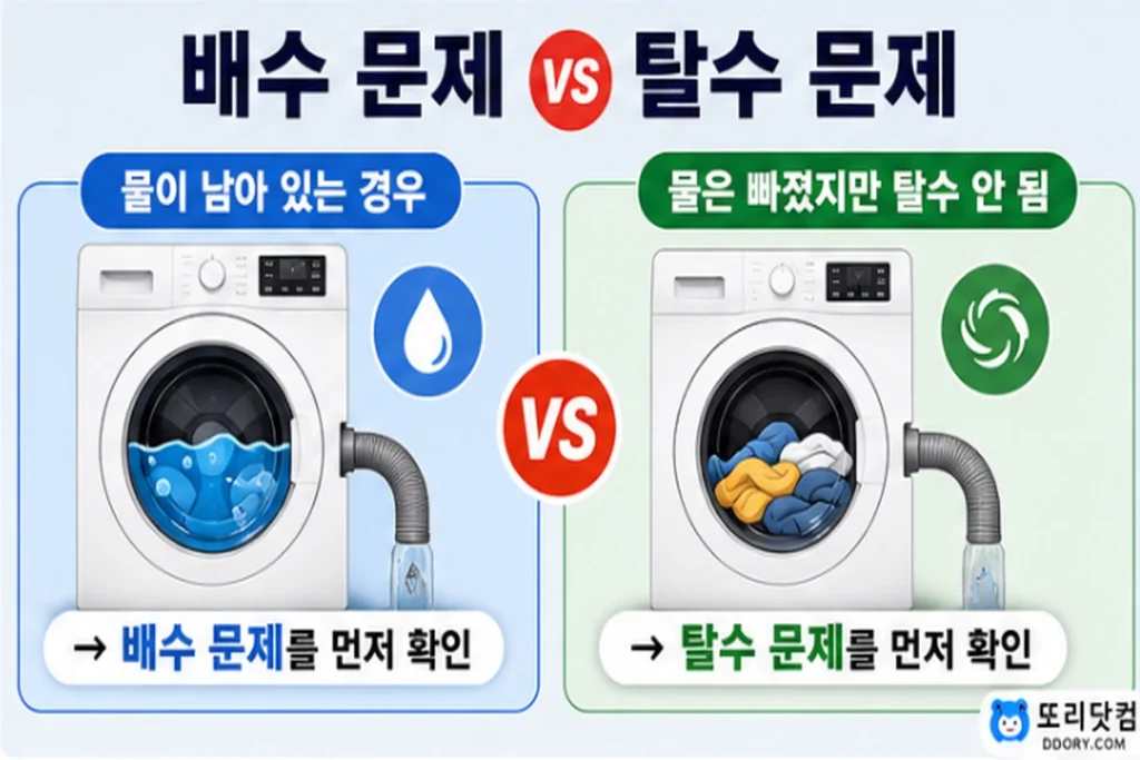 세탁기 배수 문제와 탈수 문제를 물이 남아 있는지에 따라 구분하는 도식