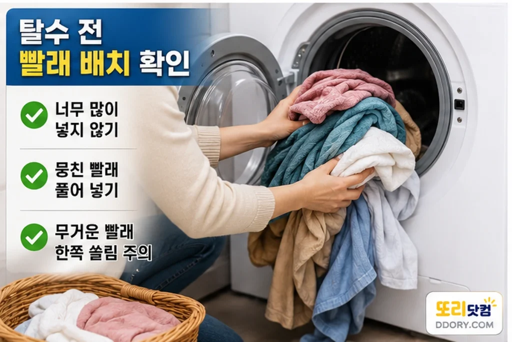 세탁기에 뭉친 빨래를 풀어 고르게 나누어 넣는 모습