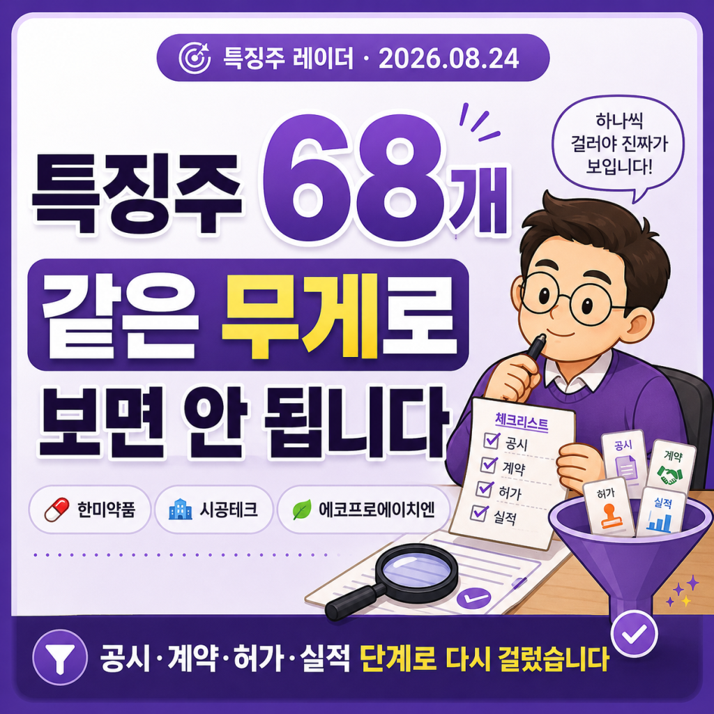 2026년 8월 24일 특징주를 정리한 투자 콘텐츠 썸네일. “특징주 68개, 같은 무게로 보면 안 됩니다” 문구와 함께 공시·계약·허가·실적 단계로 다시 걸렀다는 설명이 들어가 있다.