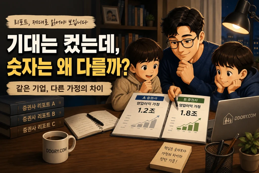 증권사 리포트 분석, 아빠와 두 아들이 증권사 리포트를 비교하며 같은 기업도 가정에 따라 숫자가 달라지는 이유를 살펴보는 썸네일