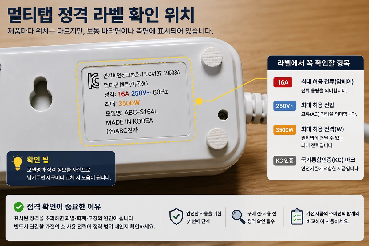 멀티탭 본체 정격 라벨에서 16A 250V MAX W를 확인하는 위치