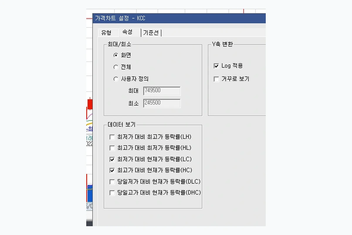 영웅문 차트 최대 최소 화면 전체 사용자 정의 옵션