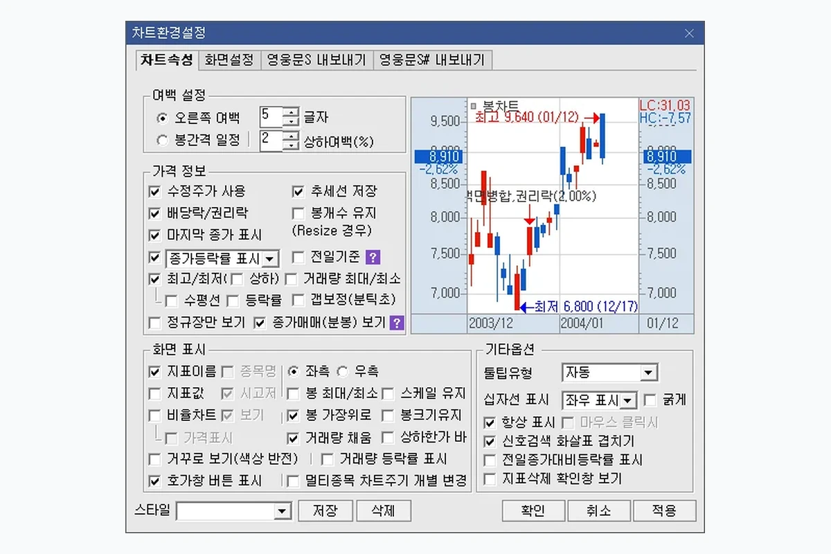 영웅문 차트환경설정 차트속성 세부 옵션