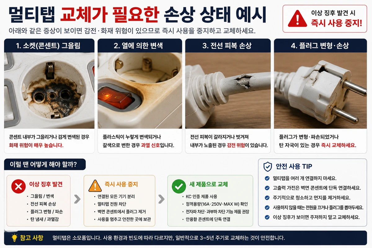 멀티탭 소켓 그을림 변색 전선 피복 손상 플러그 변형 교체 신호