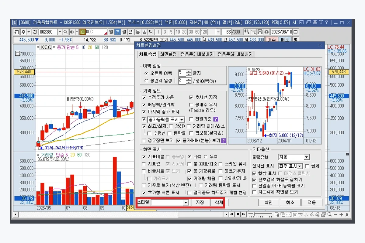 영웅문 차트 스타일 저장 삭제 버튼