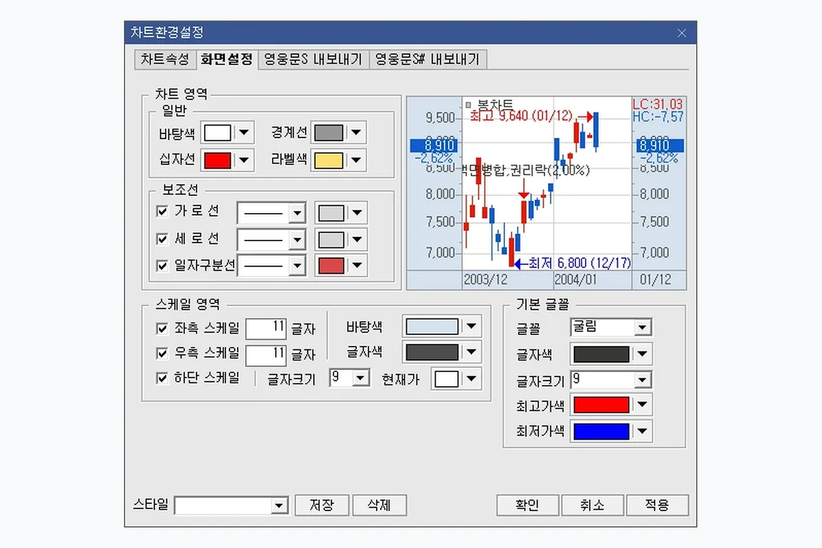 영웅문 차트 배경 라인 글꼴 색상 설정