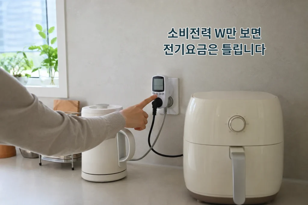 전기포트와 에어프라이어의 소비전력을 전력측정기로 확인하는 모습