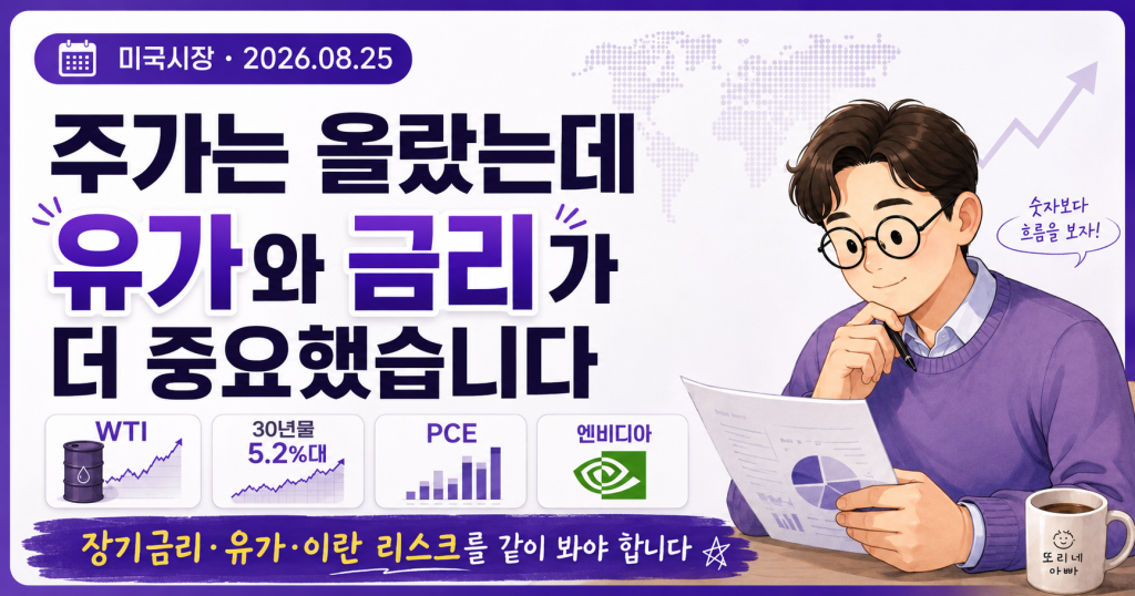 2026년 8월 25일 미국시장을 정리한 투자 콘텐츠 썸네일. “주가는 올랐는데, 유가와 금리가 더 중요했습니다” 문구와 함께 장기금리·국제유가·이란 리스크를 함께 봐야 한다는 메시지가 담겨 있다.